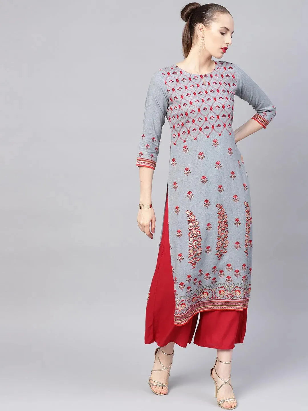 Grey Printed Rayon Kurta - Libas