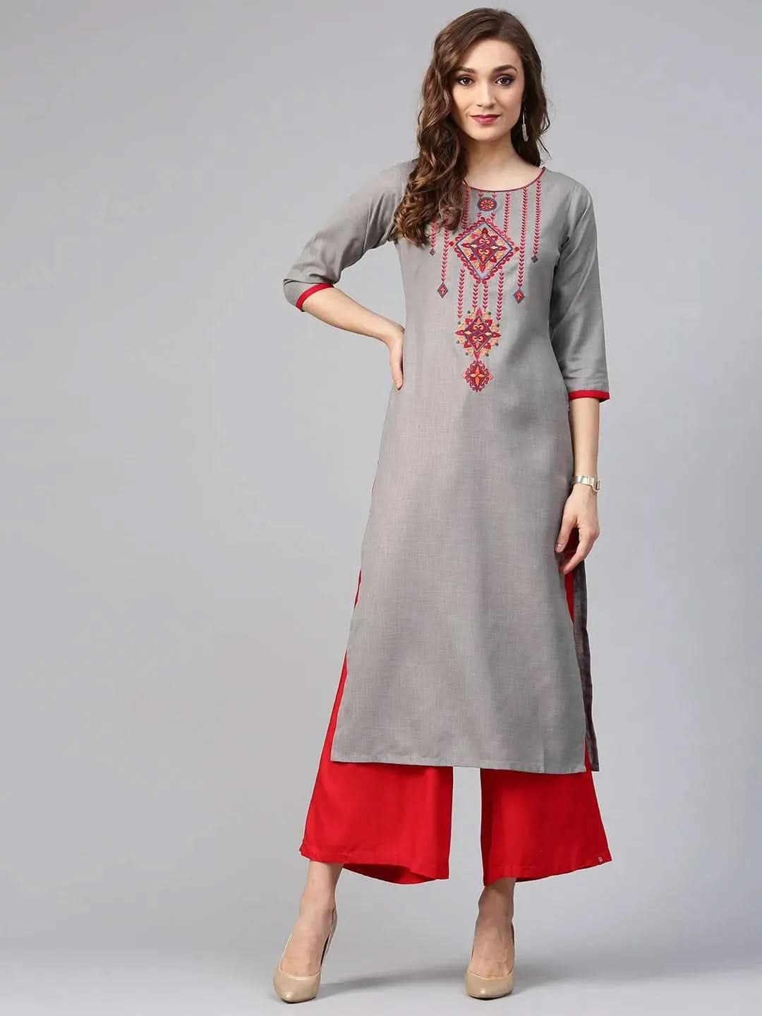 Grey Printed Rayon Kurta - Libas