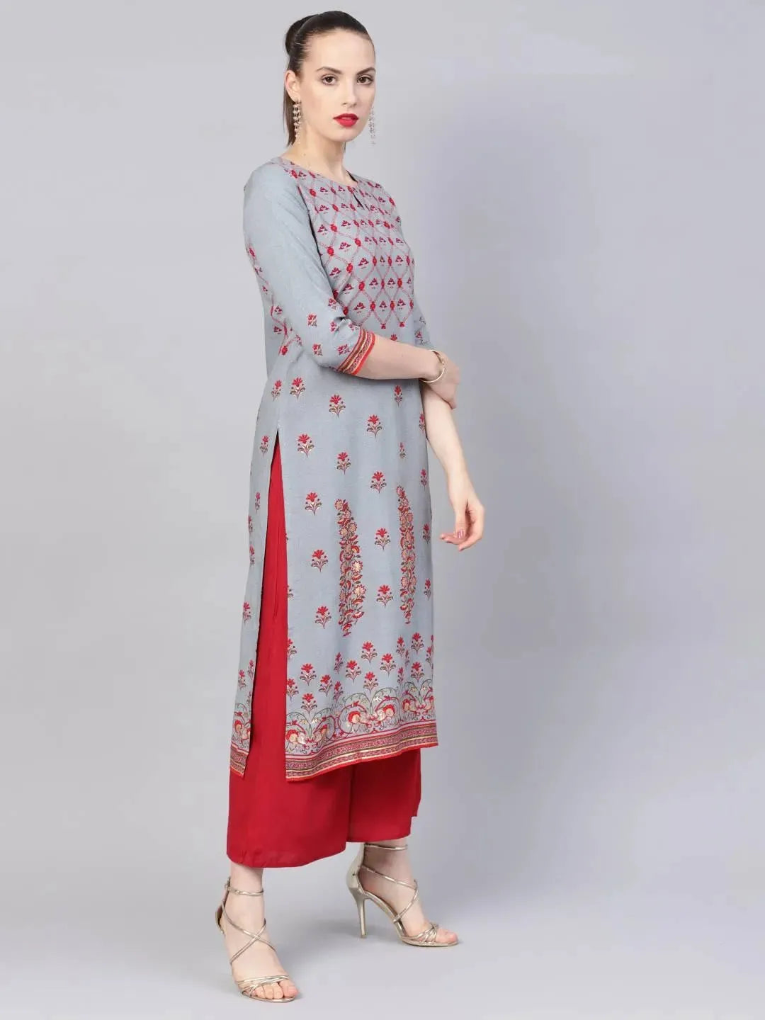 Grey Printed Rayon Kurta - Libas