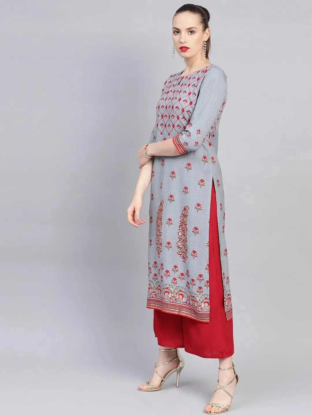 Grey Printed Rayon Kurta - Libas
