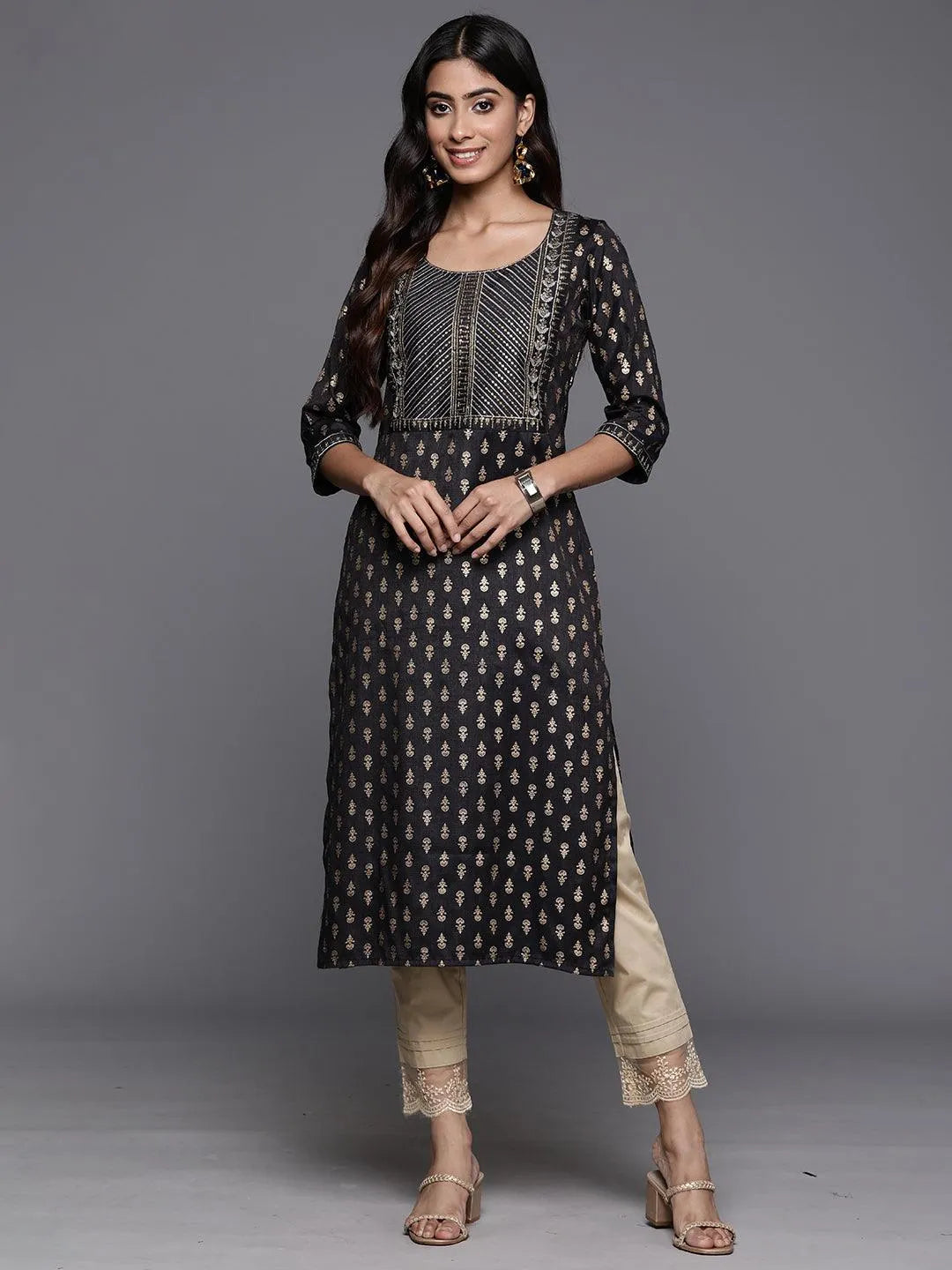 Grey Printed Rayon Straight Kurta - Libas