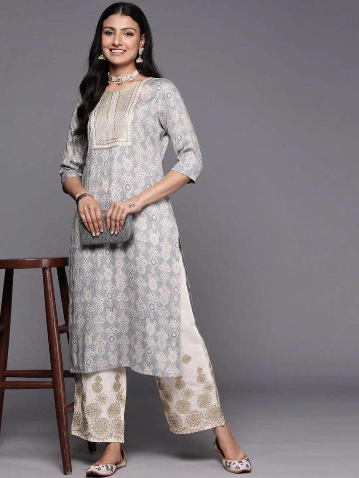 Grey Printed Rayon Straight Kurta - Libas