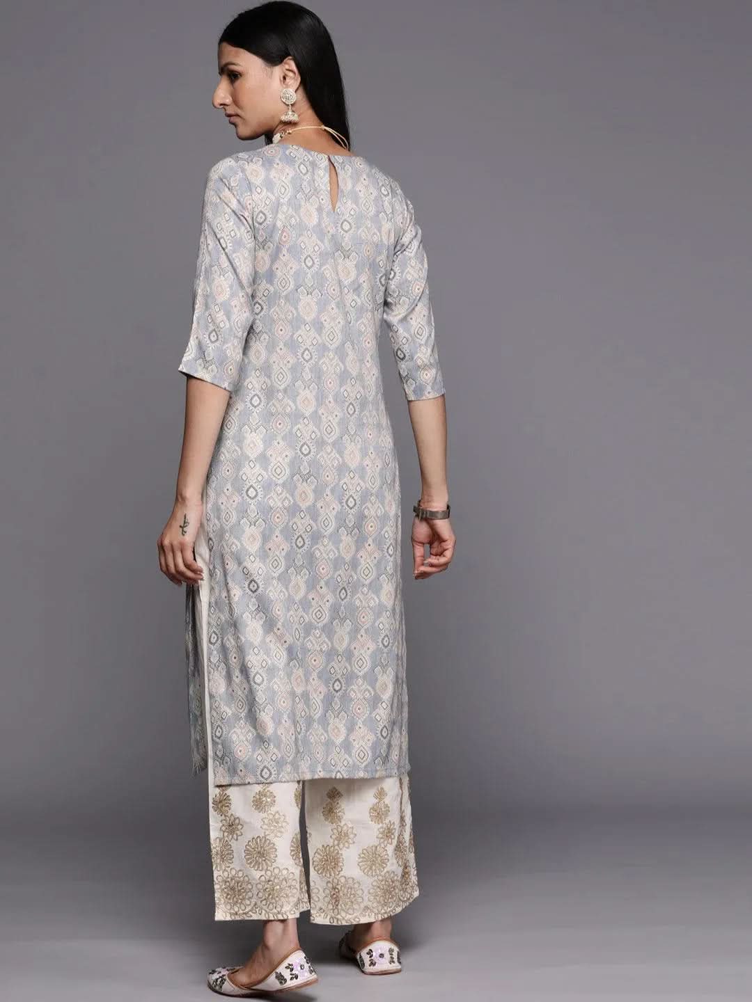 Grey Printed Rayon Straight Kurta - Libas