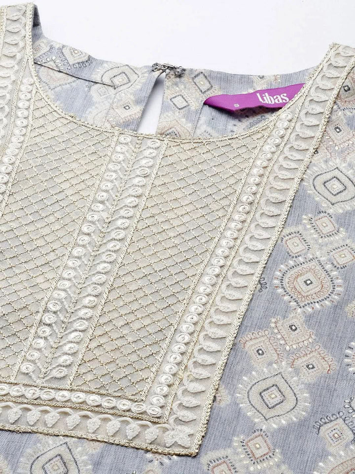 Grey Printed Rayon Straight Kurta - Libas