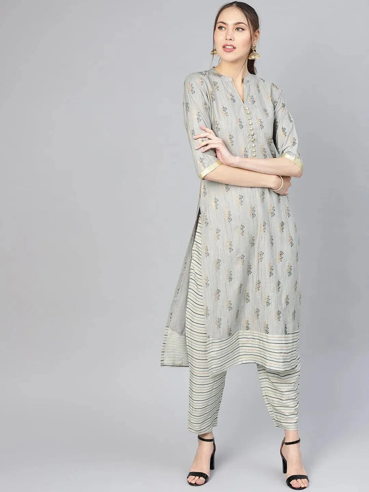 Grey Printed Rayon Kurta Set - Libas