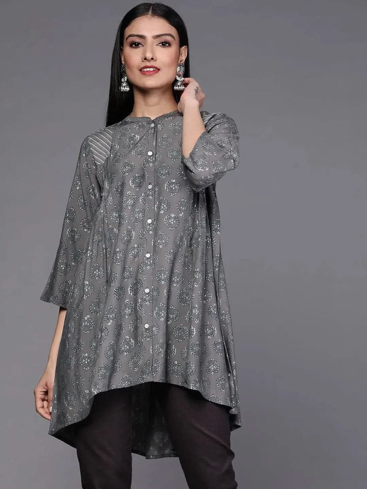 Grey Printed Silk Blend Kurti - Libas
