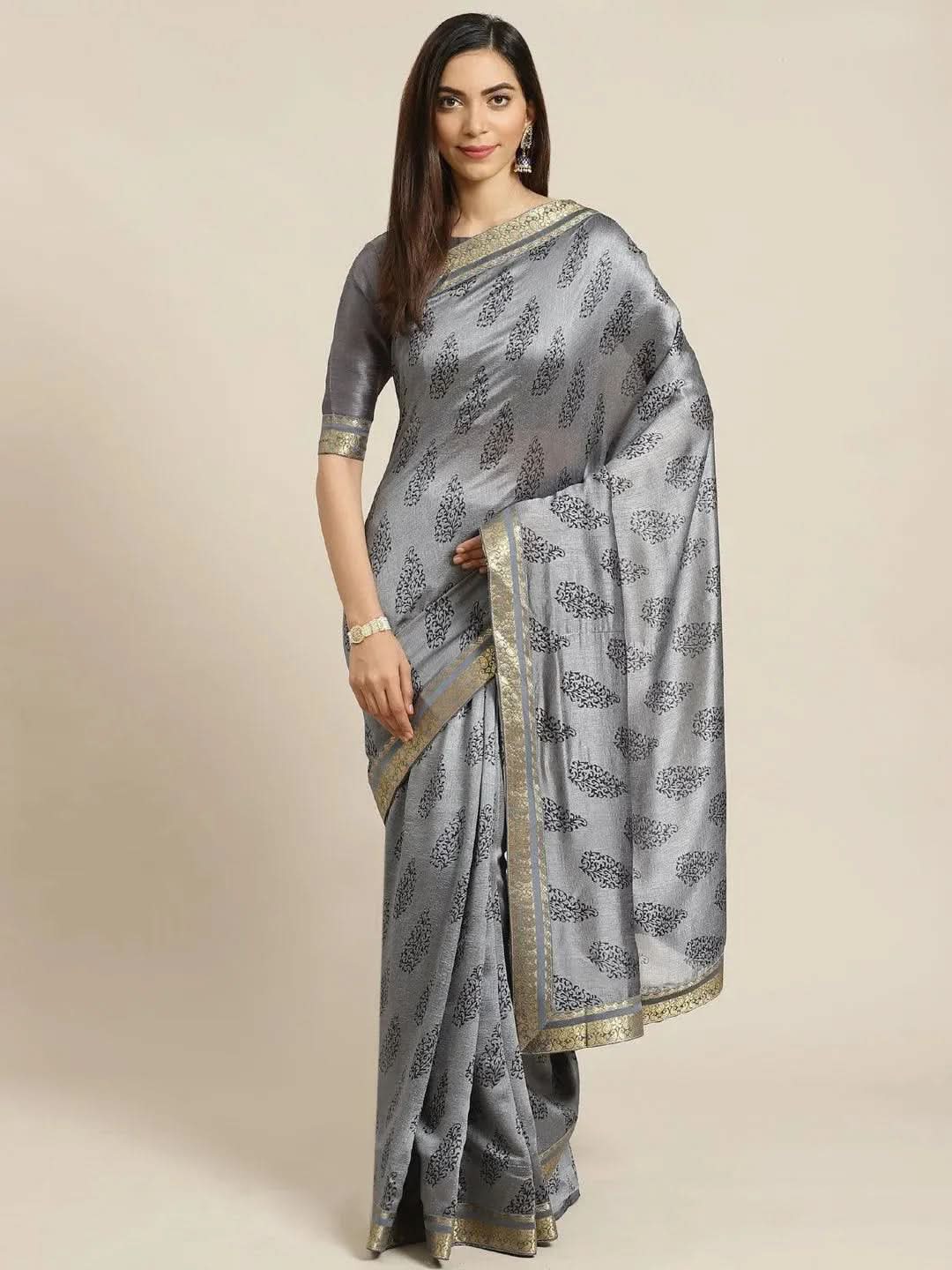 Grey Printed Silk Blend Saree - Libas