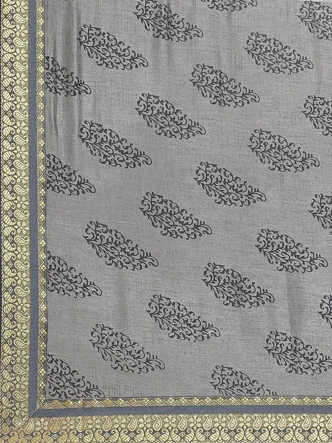 Grey Printed Silk Blend Saree - Libas