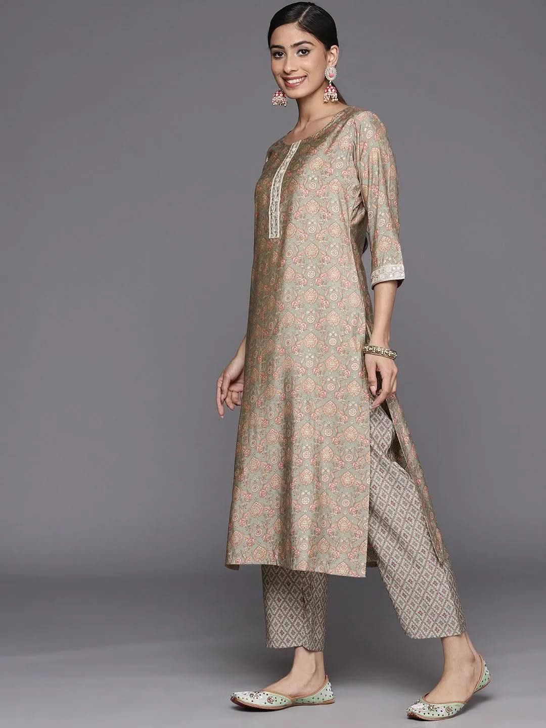 Grey Printed Silk Blend Straight Suit Set With Trousers - Libas