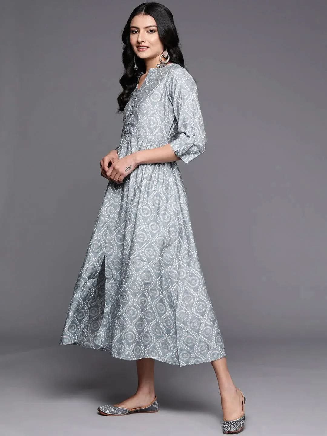 Grey Printed Silk Fit and Flare Dress - Libas