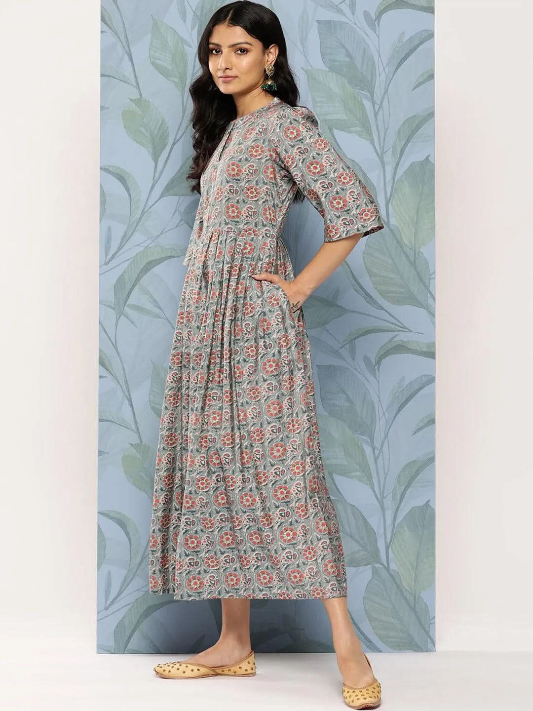 Grey Printed Silk Fit and Flare Dress - Libas
