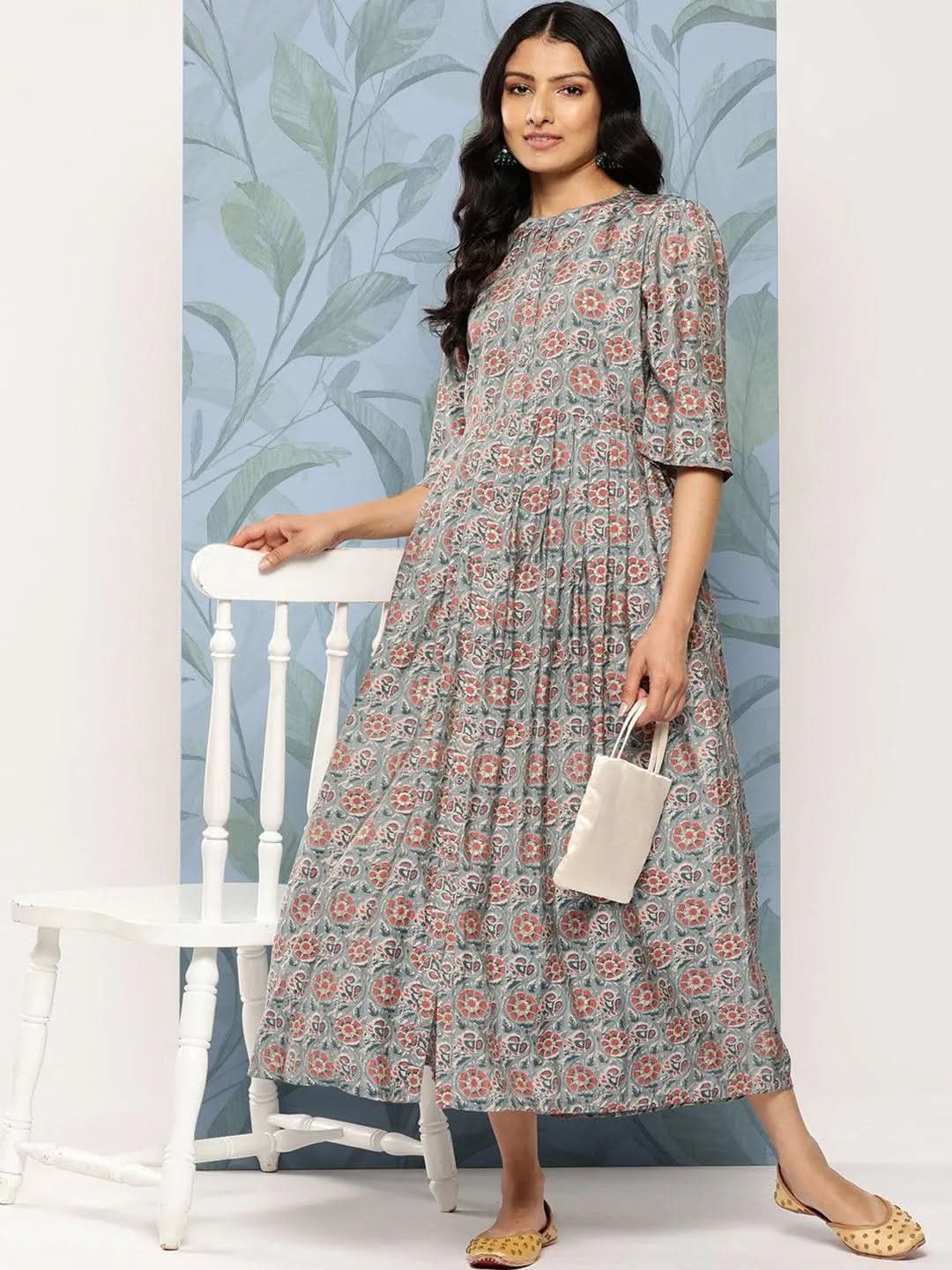 Grey Printed Silk Fit and Flare Dress - Libas
