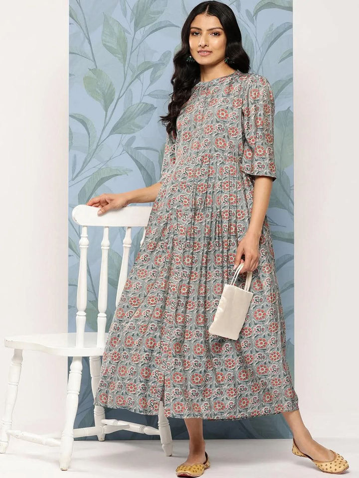 Grey Printed Silk Fit and Flare Dress - Libas