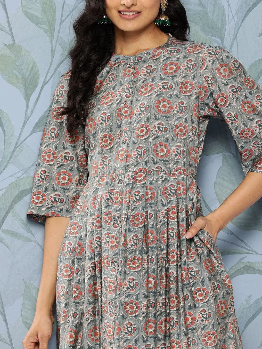 Grey Printed Silk Fit and Flare Dress - Libas