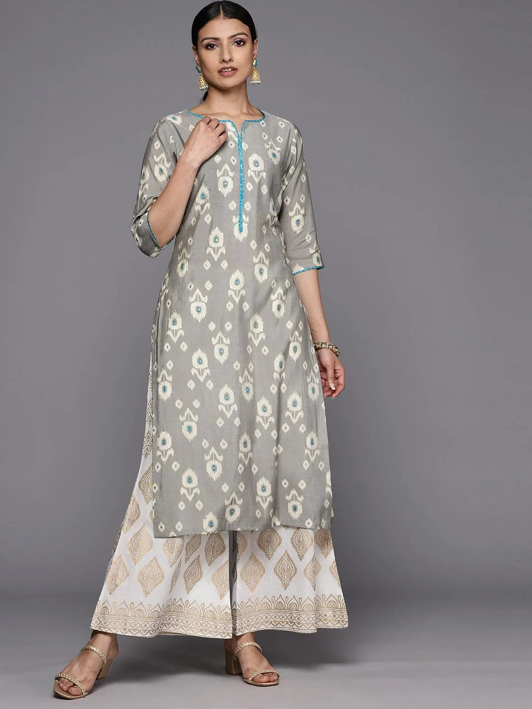 Grey Printed Silk Straight Kurta Online at Rs.683 | Libas