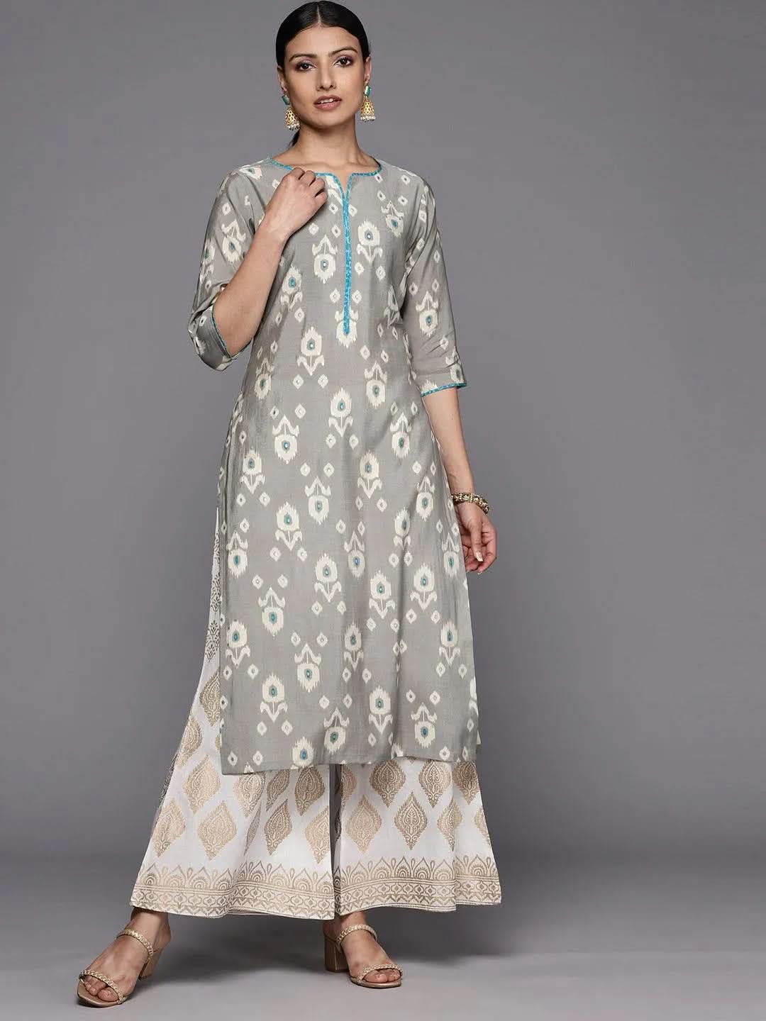 Grey Printed Silk Straight Kurta - Libas