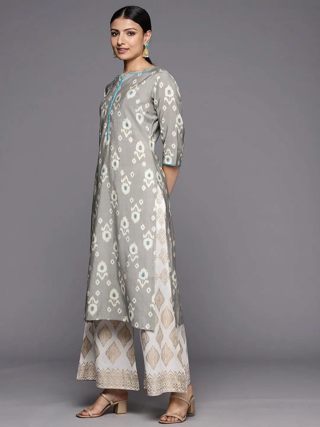 Grey Printed Silk Straight Kurta - Libas