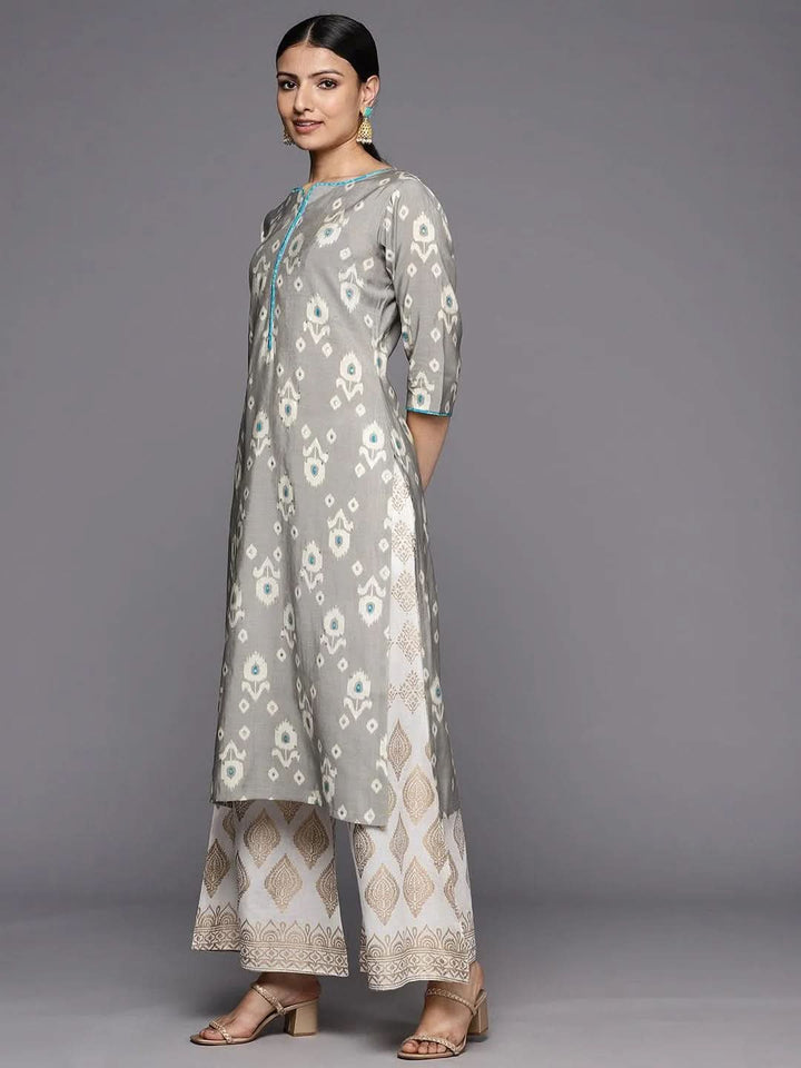 Grey Printed Silk Straight Kurta - Libas