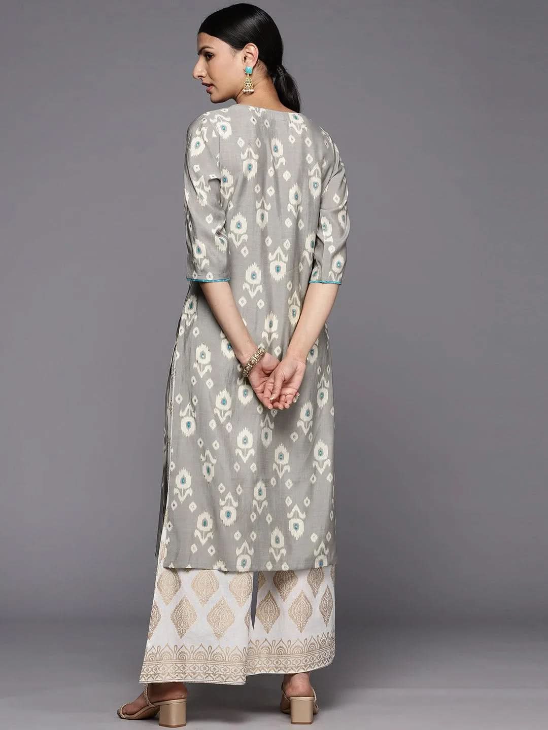 Grey Printed Silk Straight Kurta - Libas