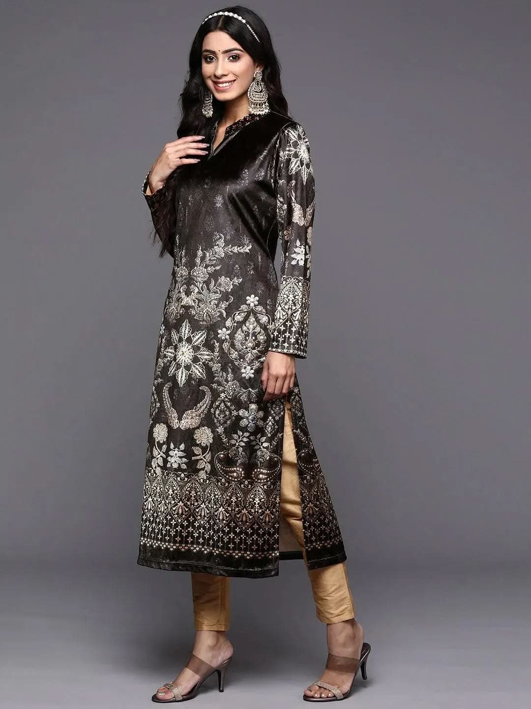 Grey Printed Velvet Straight Kurta - Libas