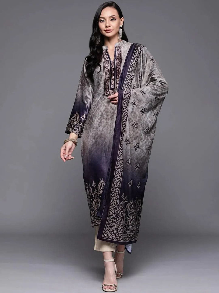 Grey Printed Velvet Suit Set - Libas
