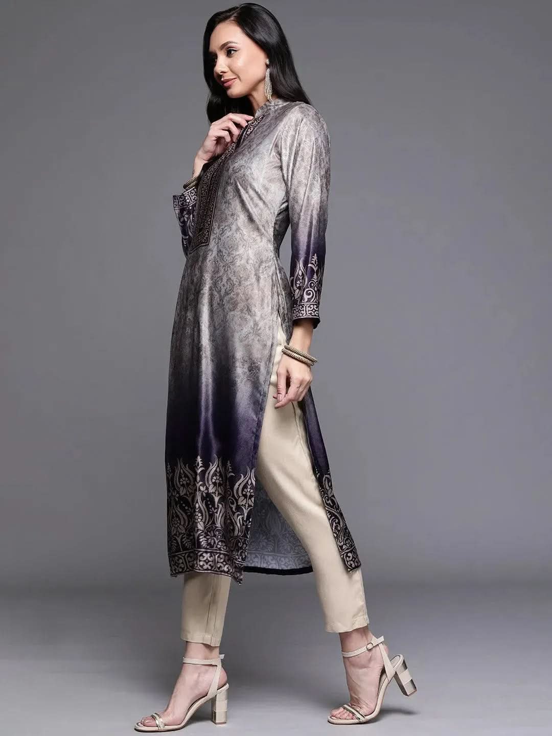 Grey Printed Velvet Suit Set - Libas