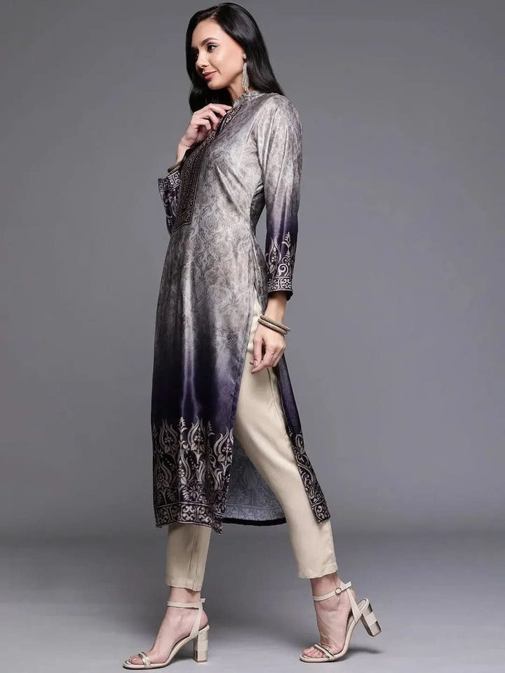 Grey Printed Velvet Suit Set - Libas