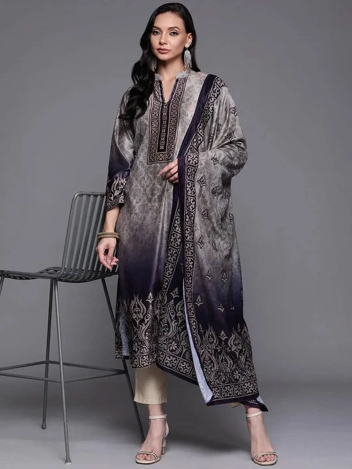 Grey Printed Velvet Suit Set - Libas