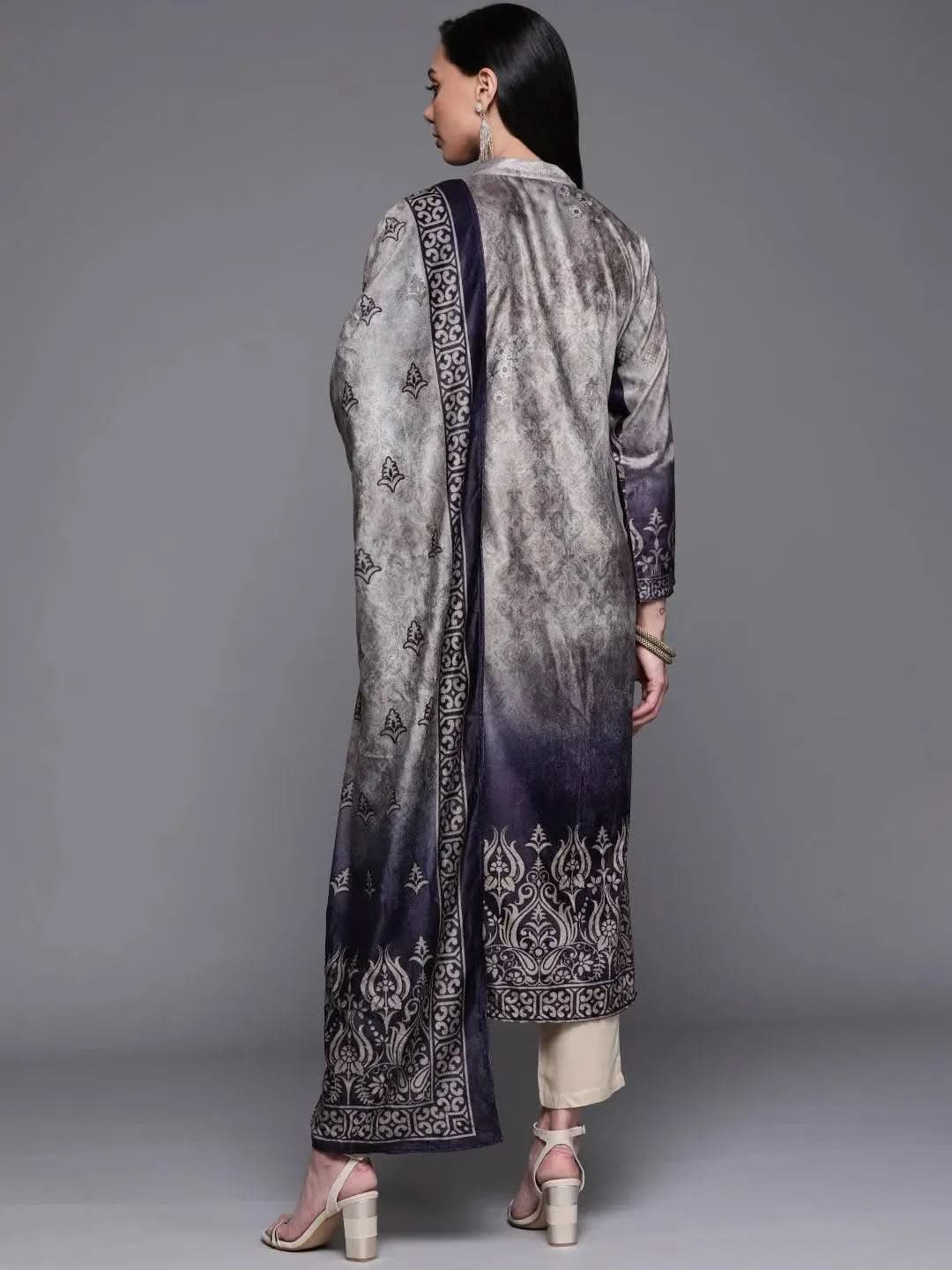 Grey Printed Velvet Suit Set - Libas