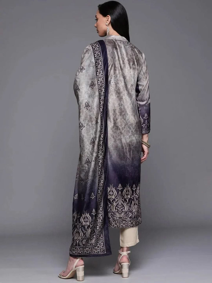 Grey Printed Velvet Suit Set - Libas