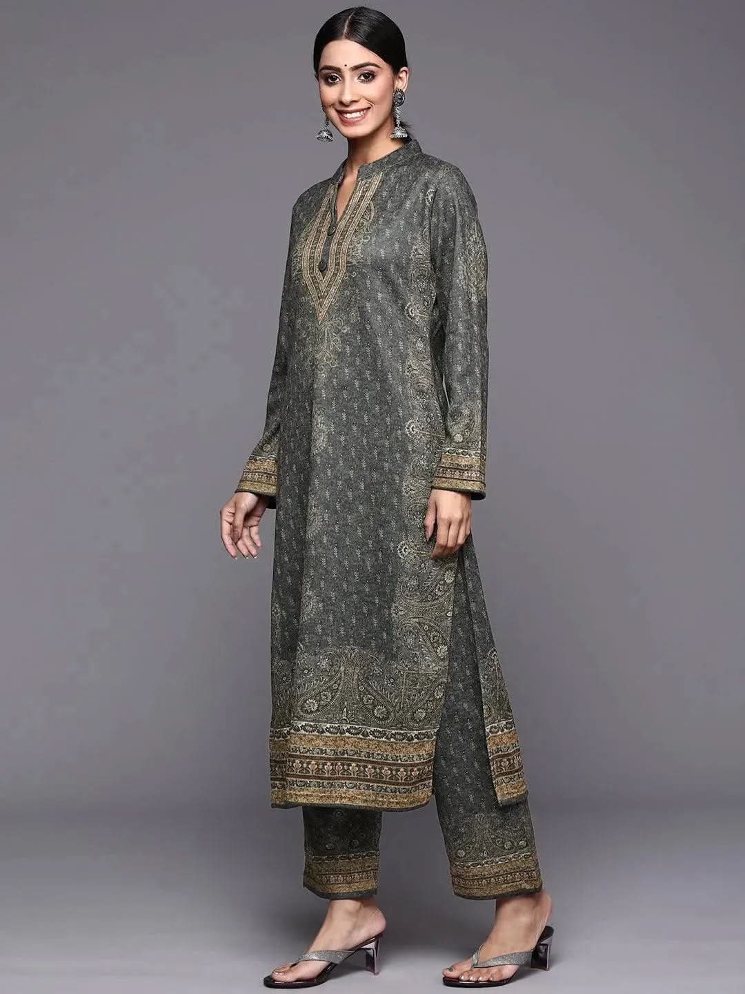 Grey Printed Wool Straight Suit Set - Libas