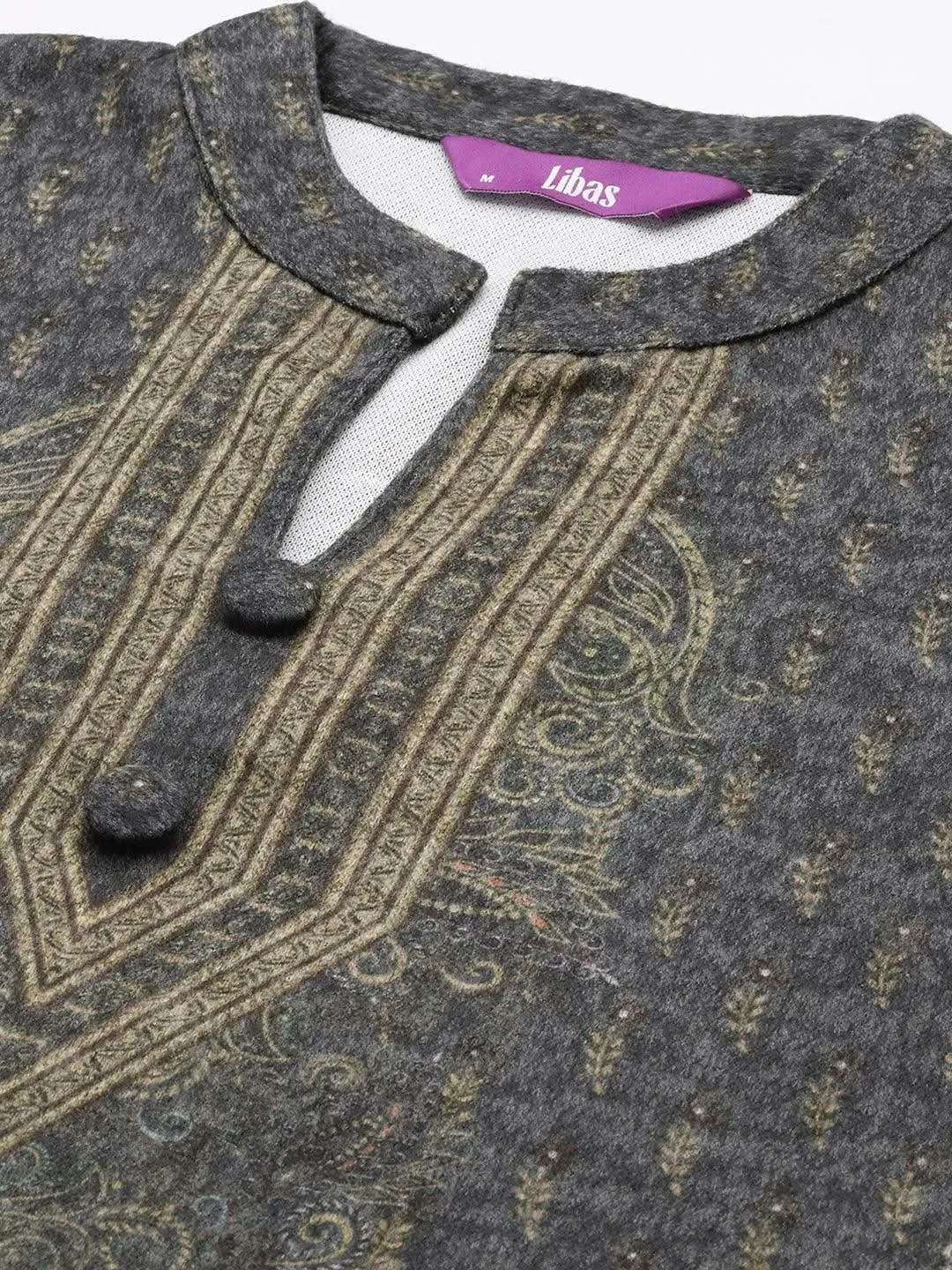 Grey Printed Wool Straight Kurta With Trousers & Dupatta 
Grey Printed Wool Straight Kurta With Trousers & Dupatta