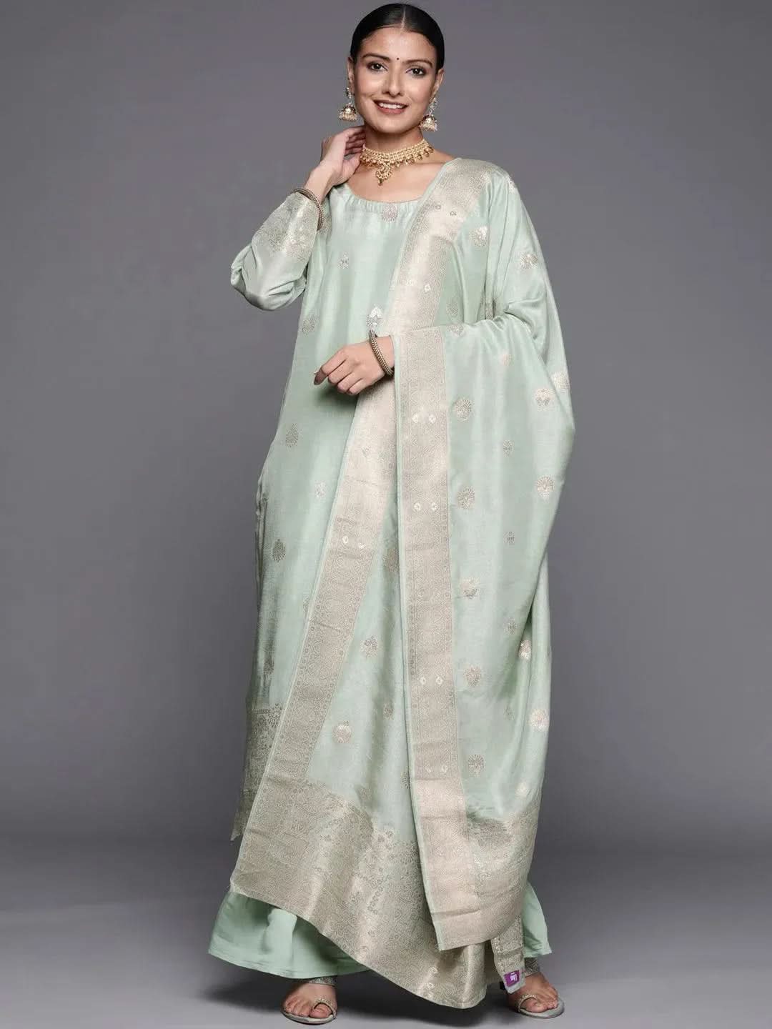 Grey Self Design Chanderi Silk Straight Suit Set - Libas