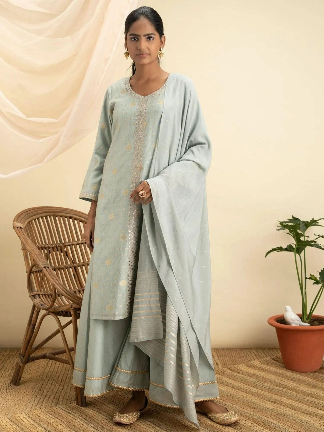 Grey Self Design Chanderi Silk Suit Set - Libas