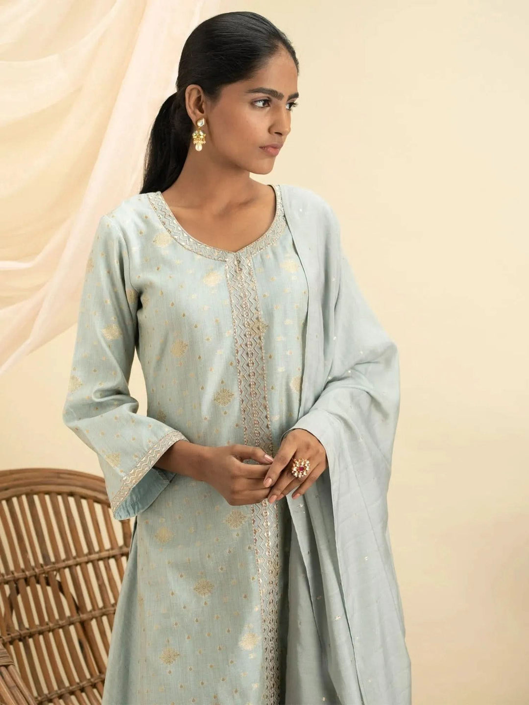 Grey Self Design Chanderi Silk Suit Set - Libas