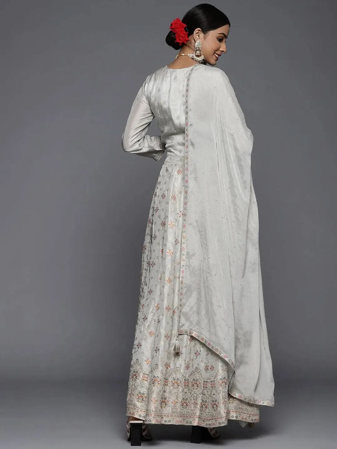 Grey Self Design Silk Anarkali Kurta With Churidar & Dupatta
Grey Self Design Silk Anarkali Kurta With Churidar & Dupatta