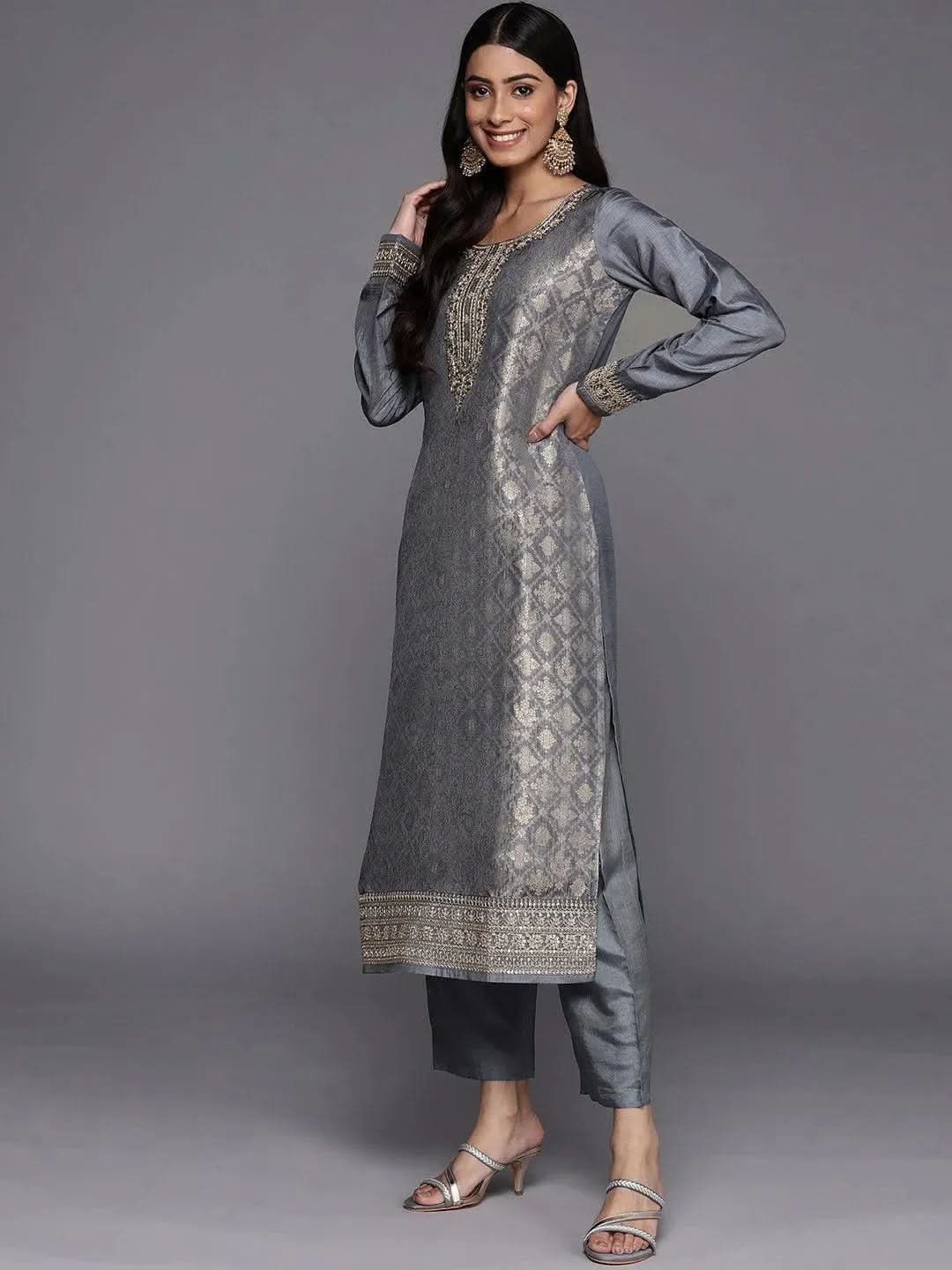 Grey Self Design Silk Blend Straight Suit Set - Libas