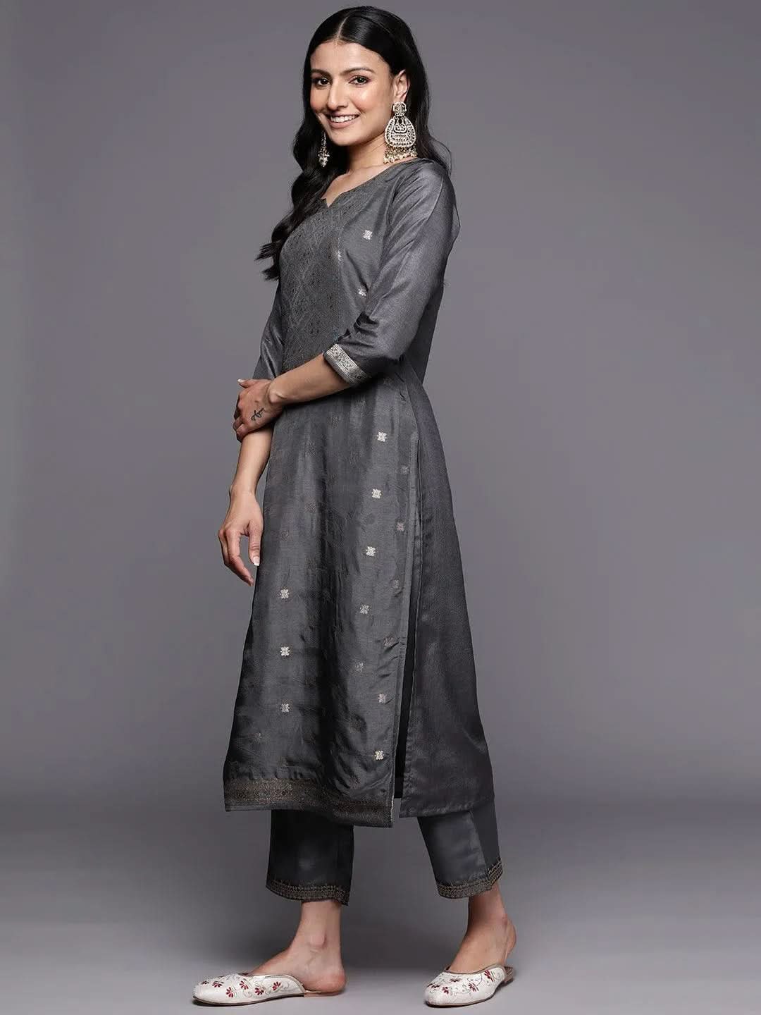 Grey Self Design Silk Blend Straight Suit Set With Trousers - Libas