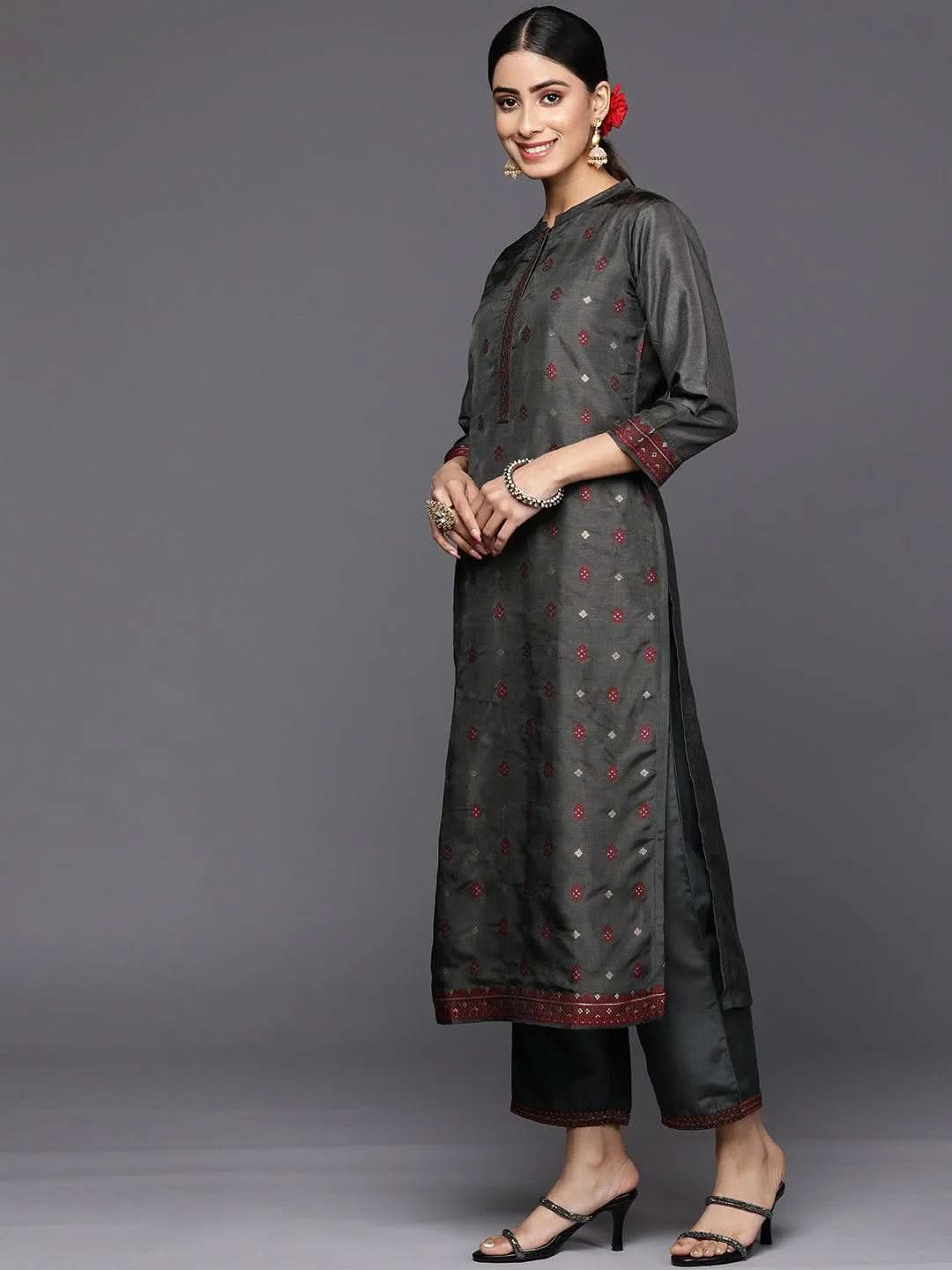 Grey Self Design Silk Blend Straight Suit Set With Trousers - Libas