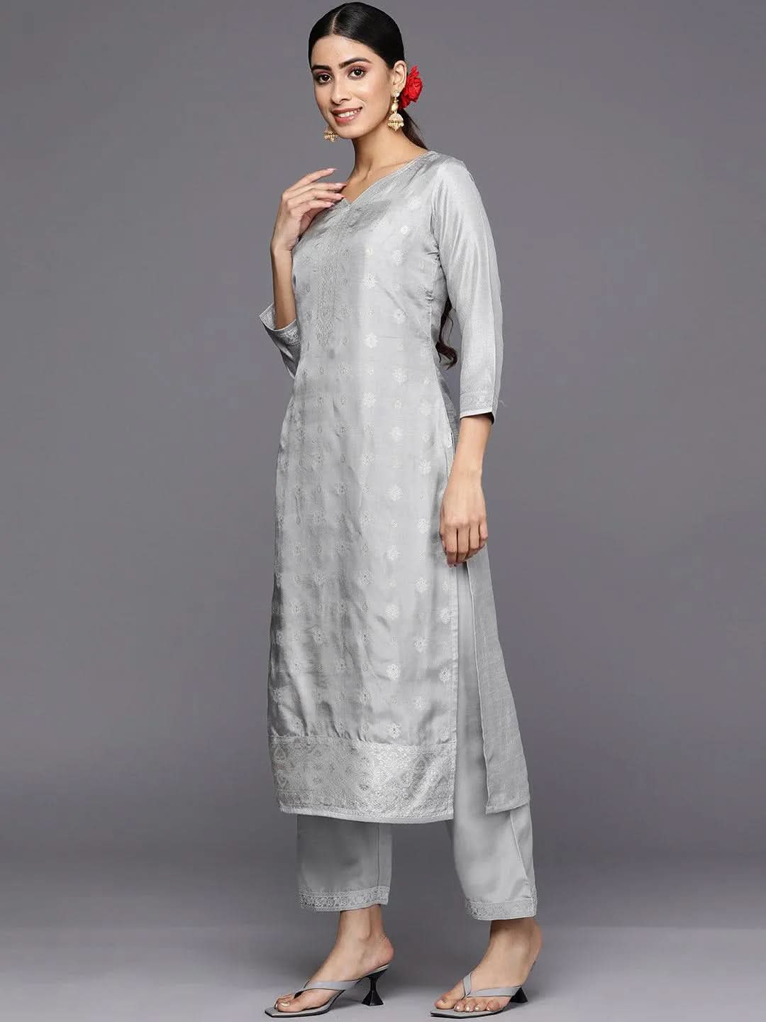 Grey Self Design Silk Blend Straight Suit Set With Trousers - Libas