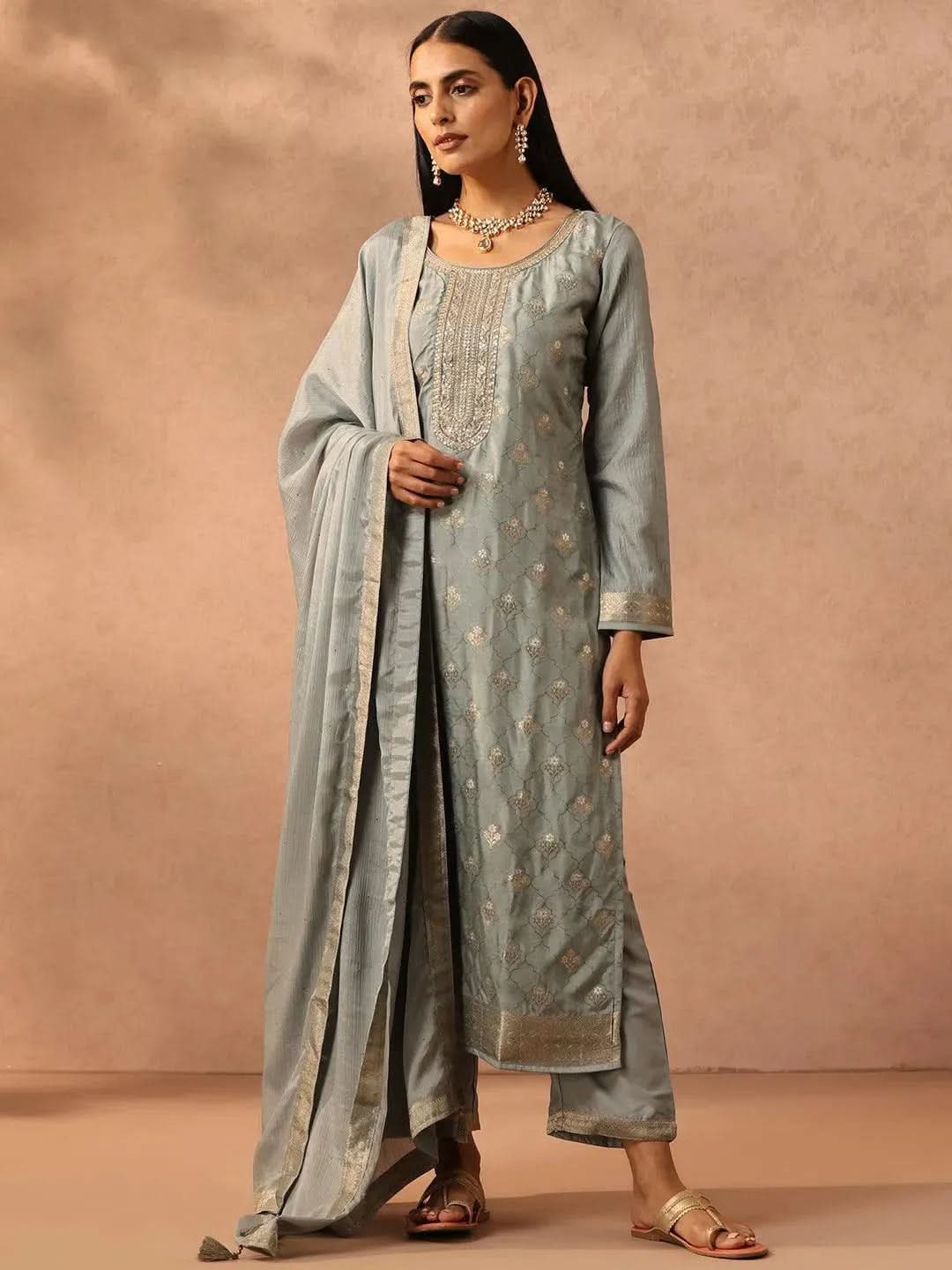 Grey Self Design Silk Blend Suit Set With Trousers - Libas