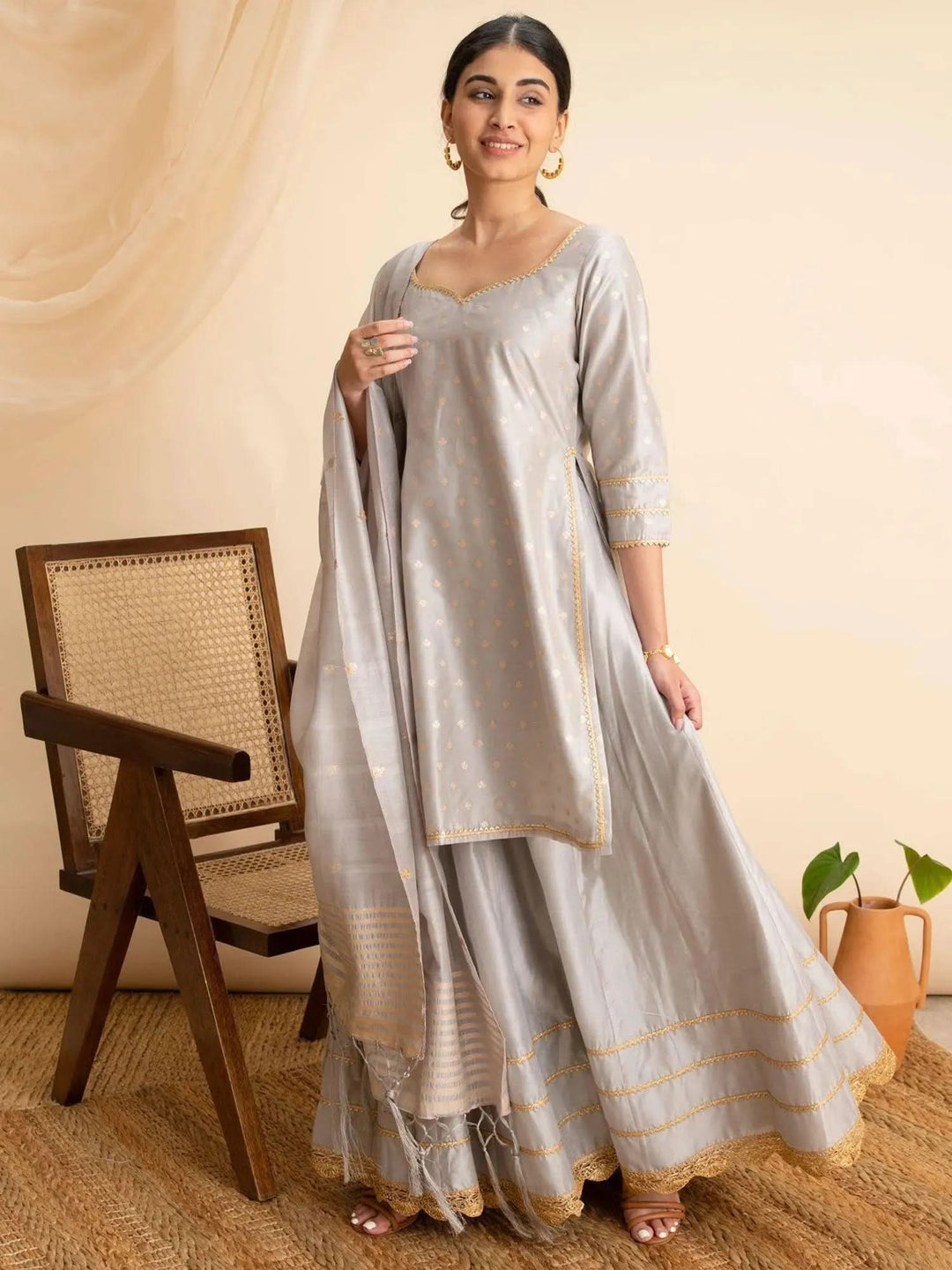 Grey Self Design Silk Suit Set - Libas