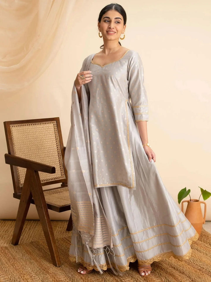Grey Self Design Silk Suit Set - Libas