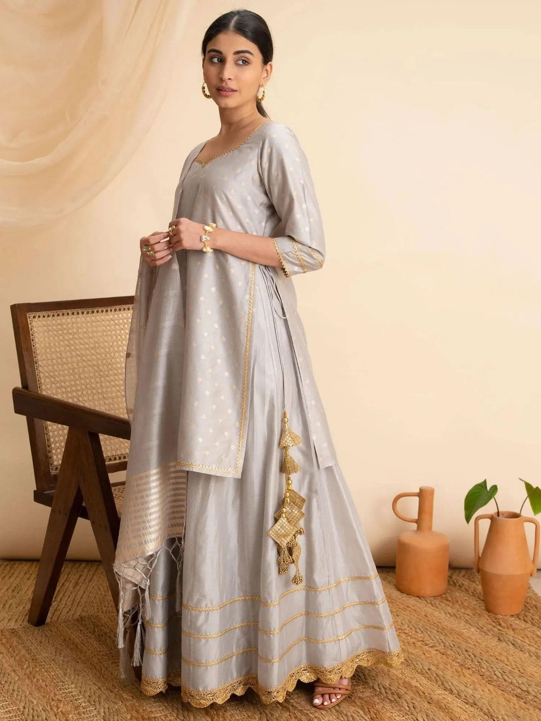 Grey Self Design Silk Suit Set - Libas
