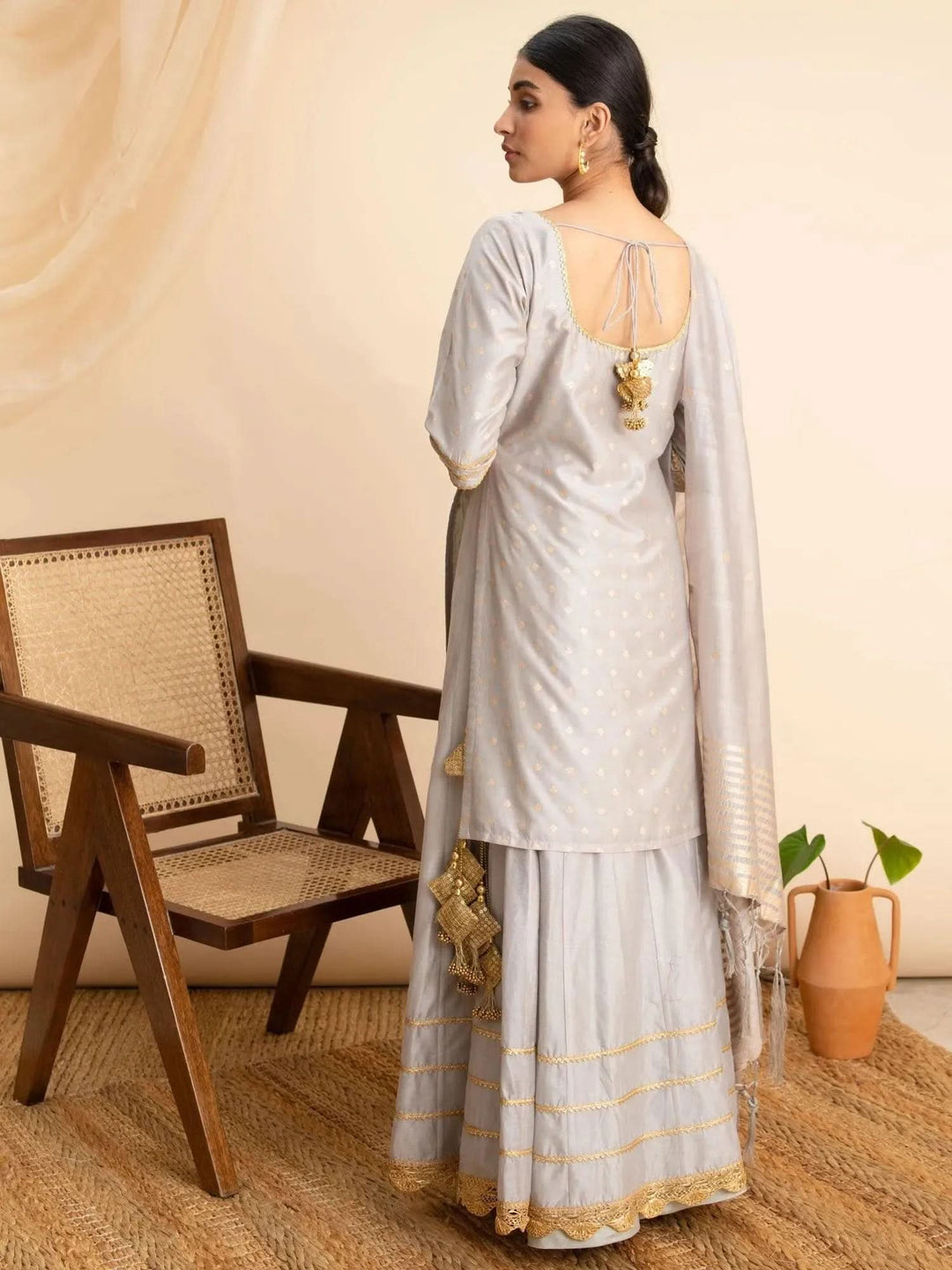 Grey Self Design Silk Suit Set - Libas