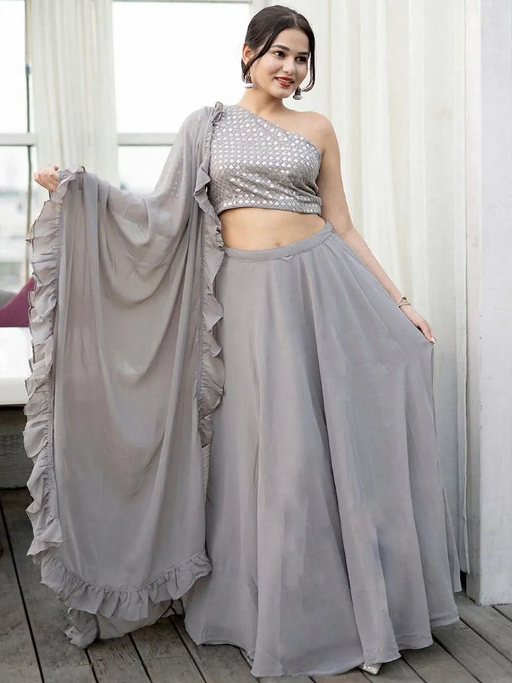 Grey Sequinned Georgette Lehenga Set With Potli - Libas