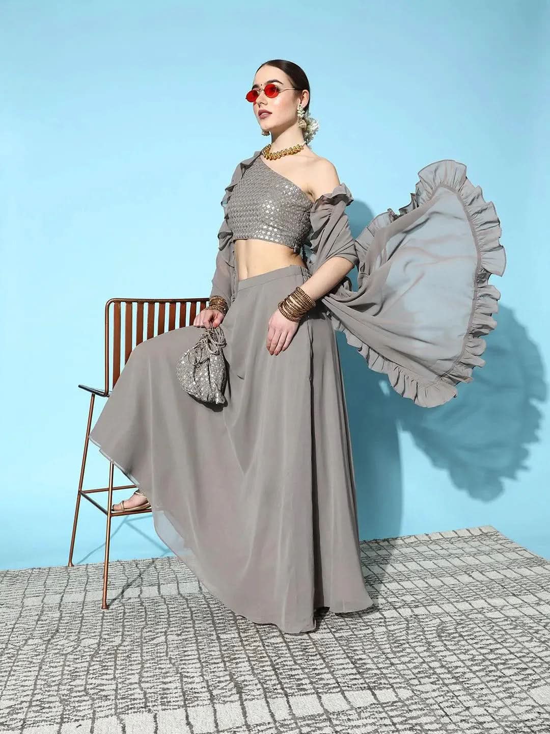 Grey Sequinned Georgette Lehenga Set With Potli - Libas