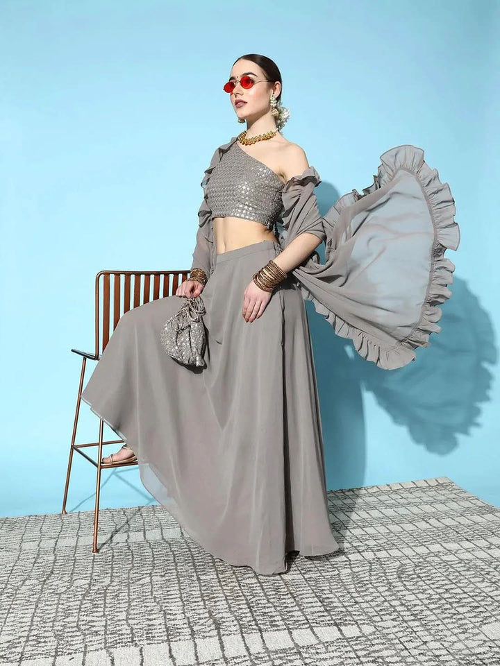 Grey Sequinned Georgette Lehenga Set With Potli - Libas