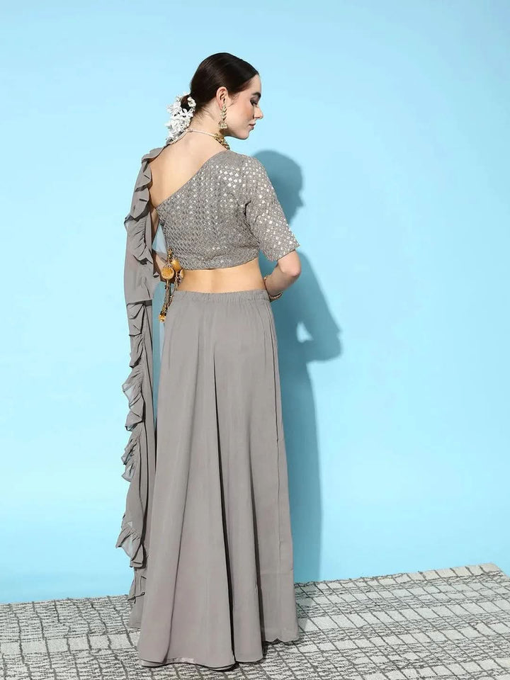 Grey Sequinned Georgette Lehenga Set With Potli - Libas