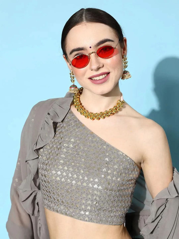 Grey Sequinned Georgette Lehenga Set With Potli - Libas